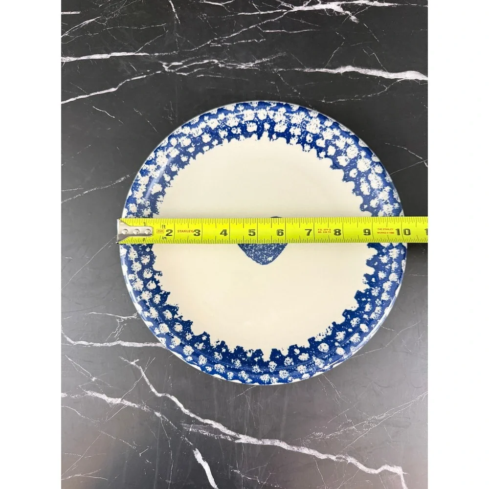VTG Tienshen Folk Craft Hearts Blue White Spongeware 10 3/8in Dinner Plate READ